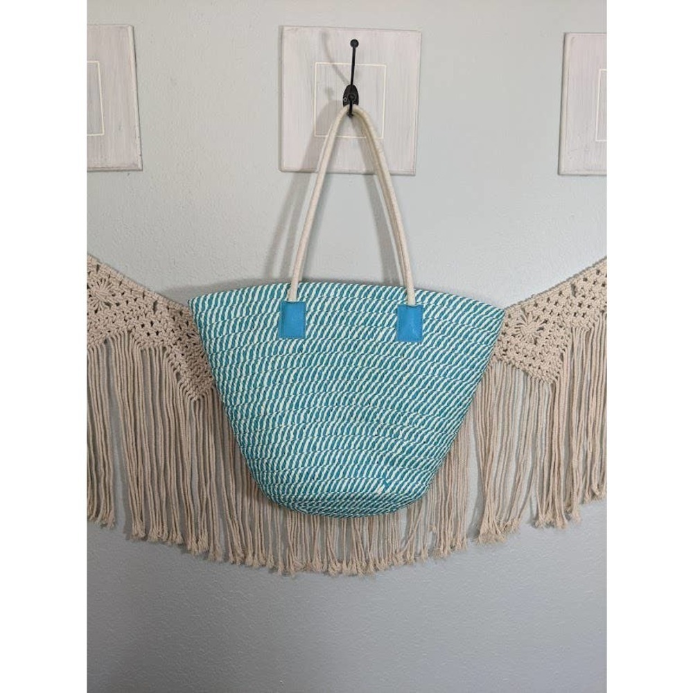 Woven Teal and White Beach Bag - Picture 2 of 6